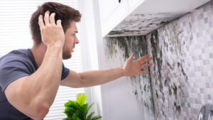 An image of a man who is facing mold problems in his kitchen.