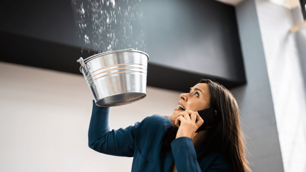 A woman holding a bucket to collect water from a leaking ceiling